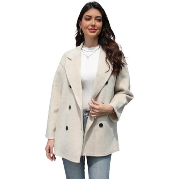 Women Wool Coat Double Breasted Beige